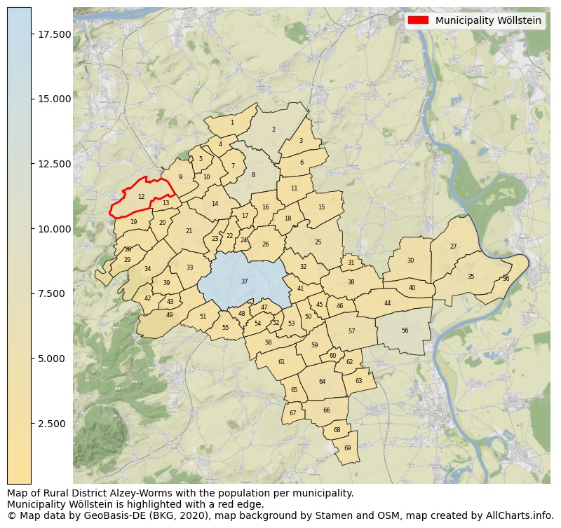 Map of Rural district Alzey-Worms with the population per municipality.Municipality Wöllstein is highlighted with a red edge.. This page shows a lot of information about residents (such as the distribution by age groups, family composition, gender, native or German with an immigration background, ...), homes (numbers, types, price development, use, type of property, ...) and more (car ownership, energy consumption, ...) based on open data from the German Federal Agency for Cartography, the Federal Statistical Office (DESTATIS), the Regional Statistical Offices and various other sources!