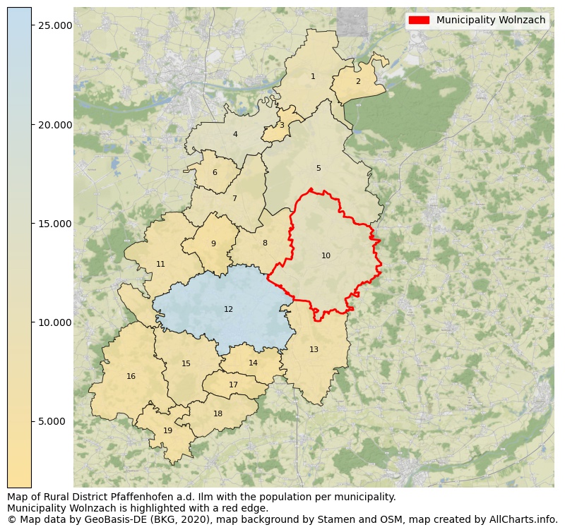Map of Rural district Pfaffenhofen a.d. Ilm with the population per municipality.Municipality Wolnzach is highlighted with a red edge.. This page shows a lot of information about residents (such as the distribution by age groups, family composition, gender, native or German with an immigration background, ...), homes (numbers, types, price development, use, type of property, ...) and more (car ownership, energy consumption, ...) based on open data from the German Federal Agency for Cartography, the Federal Statistical Office (DESTATIS), the Regional Statistical Offices and various other sources!