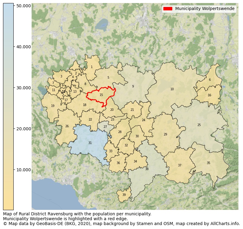 Map of Rural district Ravensburg with the population per municipality.Municipality Wolpertswende is highlighted with a red edge.. This page shows a lot of information about residents (such as the distribution by age groups, family composition, gender, native or German with an immigration background, ...), homes (numbers, types, price development, use, type of property, ...) and more (car ownership, energy consumption, ...) based on open data from the German Federal Agency for Cartography, the Federal Statistical Office (DESTATIS), the Regional Statistical Offices and various other sources!