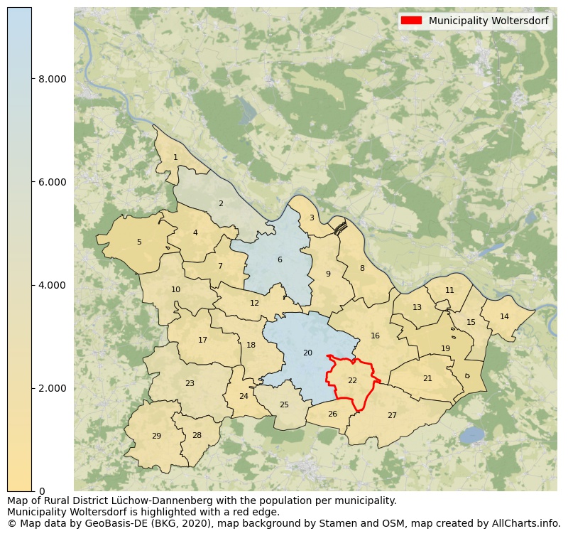 Map of Rural district Lüchow-Dannenberg with the population per municipality.Municipality Woltersdorf is highlighted with a red edge.. This page shows a lot of information about residents (such as the distribution by age groups, family composition, gender, native or German with an immigration background, ...), homes (numbers, types, price development, use, type of property, ...) and more (car ownership, energy consumption, ...) based on open data from the German Federal Agency for Cartography, the Federal Statistical Office (DESTATIS), the Regional Statistical Offices and various other sources!