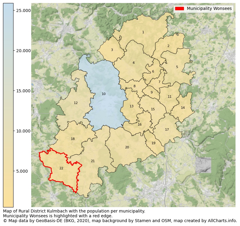 Map of Rural district Kulmbach with the population per municipality.Municipality Wonsees is highlighted with a red edge.. This page shows a lot of information about residents (such as the distribution by age groups, family composition, gender, native or German with an immigration background, ...), homes (numbers, types, price development, use, type of property, ...) and more (car ownership, energy consumption, ...) based on open data from the German Federal Agency for Cartography, the Federal Statistical Office (DESTATIS), the Regional Statistical Offices and various other sources!