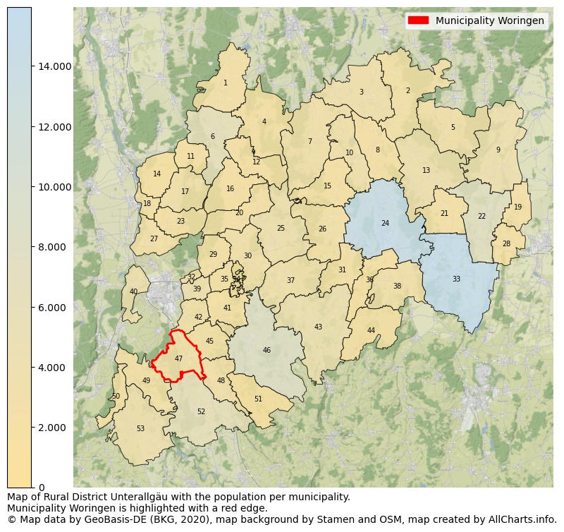 Map of Rural district Unterallgäu with the population per municipality.Municipality Woringen is highlighted with a red edge.. This page shows a lot of information about residents (such as the distribution by age groups, family composition, gender, native or German with an immigration background, ...), homes (numbers, types, price development, use, type of property, ...) and more (car ownership, energy consumption, ...) based on open data from the German Federal Agency for Cartography, the Federal Statistical Office (DESTATIS), the Regional Statistical Offices and various other sources!