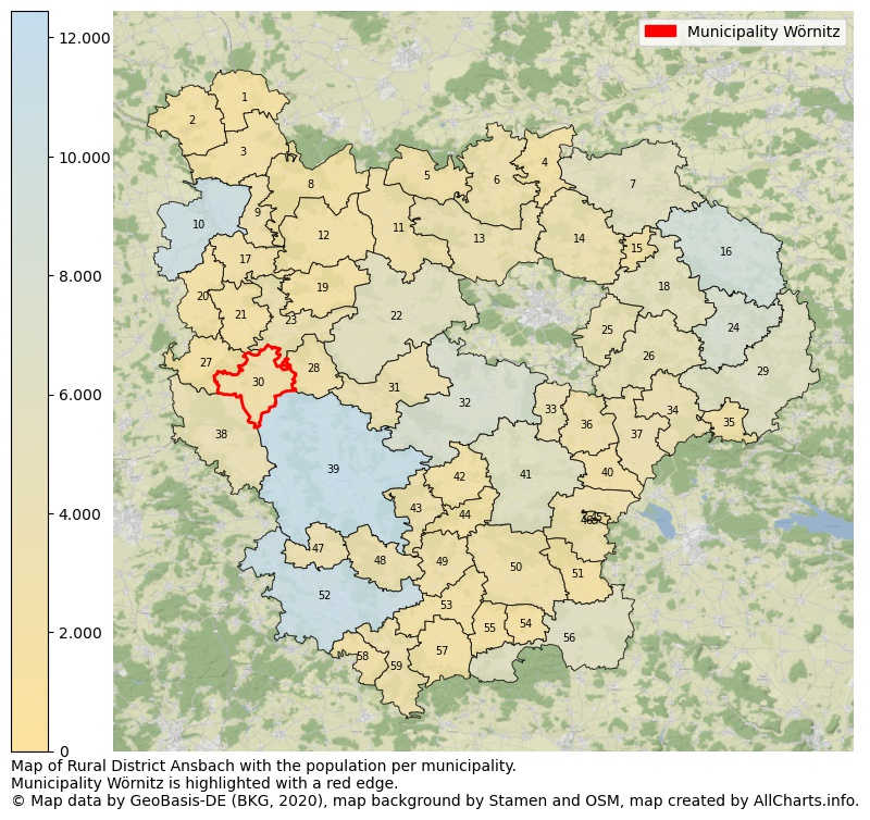 Map of Rural district Ansbach with the population per municipality.Municipality Wörnitz is highlighted with a red edge.. This page shows a lot of information about residents (such as the distribution by age groups, family composition, gender, native or German with an immigration background, ...), homes (numbers, types, price development, use, type of property, ...) and more (car ownership, energy consumption, ...) based on open data from the German Federal Agency for Cartography, the Federal Statistical Office (DESTATIS), the Regional Statistical Offices and various other sources!
