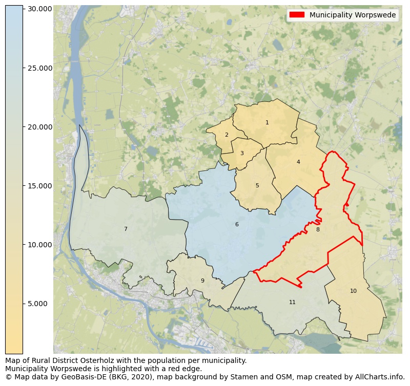 Map of Rural district Osterholz with the population per municipality.Municipality Worpswede is highlighted with a red edge.. This page shows a lot of information about residents (such as the distribution by age groups, family composition, gender, native or German with an immigration background, ...), homes (numbers, types, price development, use, type of property, ...) and more (car ownership, energy consumption, ...) based on open data from the German Federal Agency for Cartography, the Federal Statistical Office (DESTATIS), the Regional Statistical Offices and various other sources!