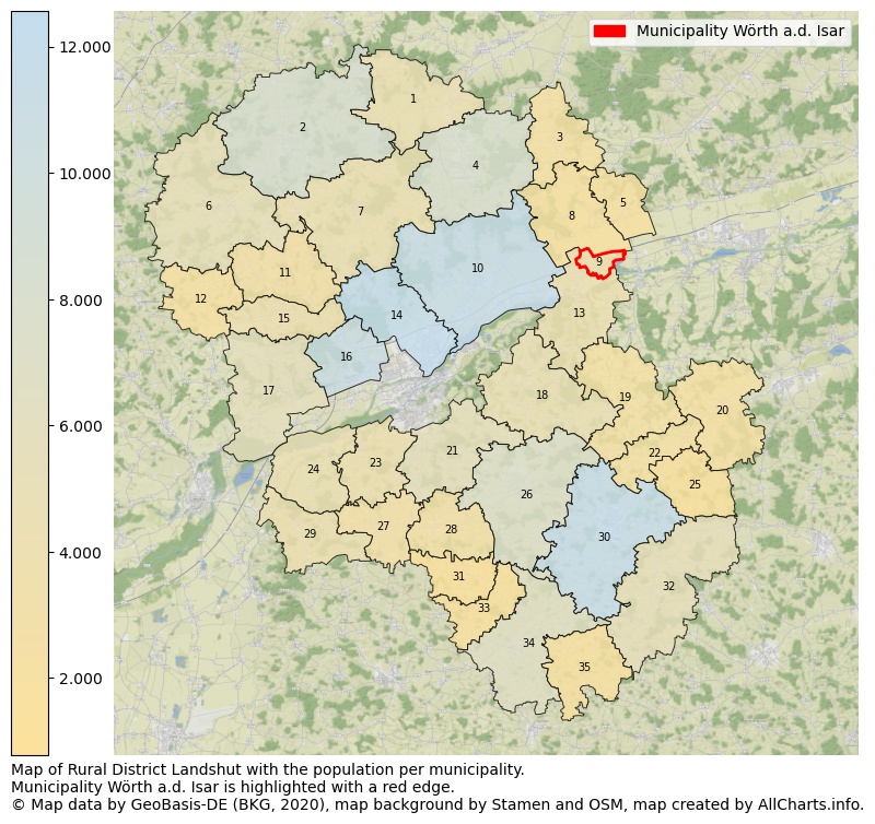 Map of Rural district Landshut with the population per municipality.Municipality Wörth a.d. Isar is highlighted with a red edge.. This page shows a lot of information about residents (such as the distribution by age groups, family composition, gender, native or German with an immigration background, ...), homes (numbers, types, price development, use, type of property, ...) and more (car ownership, energy consumption, ...) based on open data from the German Federal Agency for Cartography, the Federal Statistical Office (DESTATIS), the Regional Statistical Offices and various other sources!