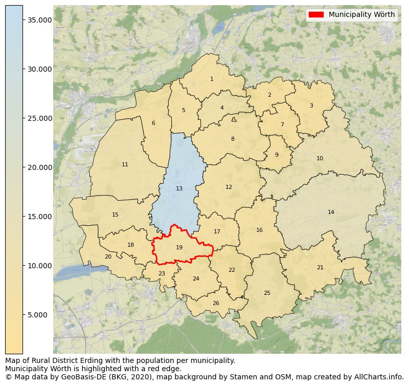 Map of Rural district Erding with the population per municipality.Municipality Wörth is highlighted with a red edge.. This page shows a lot of information about residents (such as the distribution by age groups, family composition, gender, native or German with an immigration background, ...), homes (numbers, types, price development, use, type of property, ...) and more (car ownership, energy consumption, ...) based on open data from the German Federal Agency for Cartography, the Federal Statistical Office (DESTATIS), the Regional Statistical Offices and various other sources!