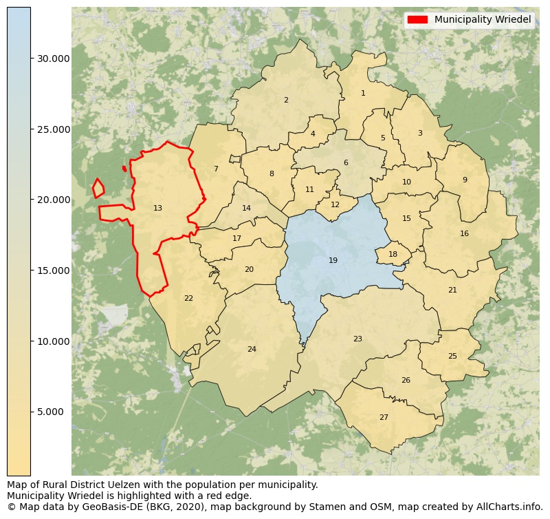 Map of Rural district Uelzen with the population per municipality.Municipality Wriedel is highlighted with a red edge.. This page shows a lot of information about residents (such as the distribution by age groups, family composition, gender, native or German with an immigration background, ...), homes (numbers, types, price development, use, type of property, ...) and more (car ownership, energy consumption, ...) based on open data from the German Federal Agency for Cartography, the Federal Statistical Office (DESTATIS), the Regional Statistical Offices and various other sources!