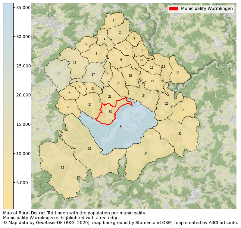 Map of Rural district Tuttlingen with the population per municipality.Municipality Wurmlingen is highlighted with a red edge.. This page shows a lot of information about residents (such as the distribution by age groups, family composition, gender, native or German with an immigration background, ...), homes (numbers, types, price development, use, type of property, ...) and more (car ownership, energy consumption, ...) based on open data from the German Federal Agency for Cartography, the Federal Statistical Office (DESTATIS), the Regional Statistical Offices and various other sources!