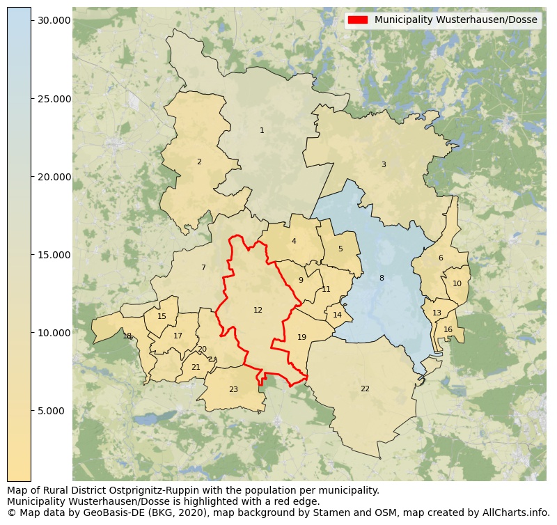 Map of Rural district Ostprignitz-Ruppin with the population per municipality.Municipality Wusterhausen/Dosse is highlighted with a red edge.. This page shows a lot of information about residents (such as the distribution by age groups, family composition, gender, native or German with an immigration background, ...), homes (numbers, types, price development, use, type of property, ...) and more (car ownership, energy consumption, ...) based on open data from the German Federal Agency for Cartography, the Federal Statistical Office (DESTATIS), the Regional Statistical Offices and various other sources!