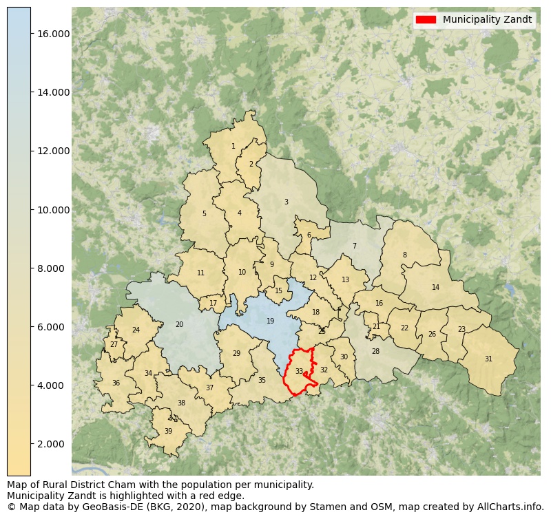 Map of Rural district Cham with the population per municipality.Municipality Zandt is highlighted with a red edge.. This page shows a lot of information about residents (such as the distribution by age groups, family composition, gender, native or German with an immigration background, ...), homes (numbers, types, price development, use, type of property, ...) and more (car ownership, energy consumption, ...) based on open data from the German Federal Agency for Cartography, the Federal Statistical Office (DESTATIS), the Regional Statistical Offices and various other sources!