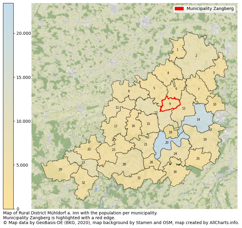 Map of Rural district Mühldorf a. Inn with the population per municipality.Municipality Zangberg is highlighted with a red edge.. This page shows a lot of information about residents (such as the distribution by age groups, family composition, gender, native or German with an immigration background, ...), homes (numbers, types, price development, use, type of property, ...) and more (car ownership, energy consumption, ...) based on open data from the German Federal Agency for Cartography, the Federal Statistical Office (DESTATIS), the Regional Statistical Offices and various other sources!