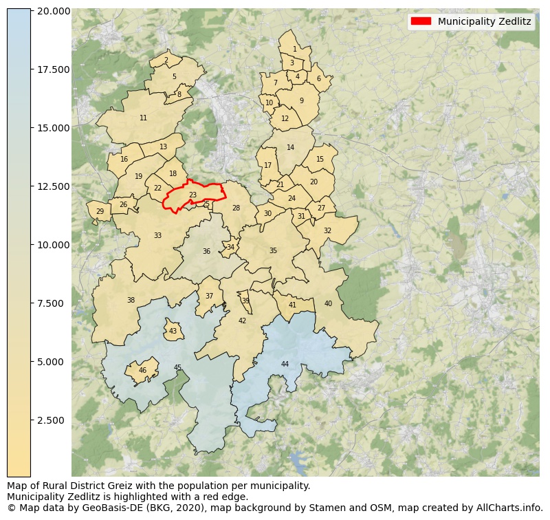 Map of Rural district Greiz with the population per municipality.Municipality Zedlitz is highlighted with a red edge.. This page shows a lot of information about residents (such as the distribution by age groups, family composition, gender, native or German with an immigration background, ...), homes (numbers, types, price development, use, type of property, ...) and more (car ownership, energy consumption, ...) based on open data from the German Federal Agency for Cartography, the Federal Statistical Office (DESTATIS), the Regional Statistical Offices and various other sources!