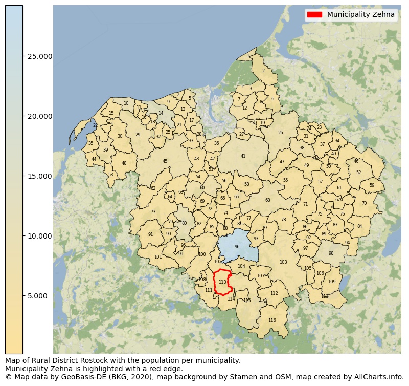 Map of Rural district Rostock with the population per municipality.Municipality Zehna is highlighted with a red edge.. This page shows a lot of information about residents (such as the distribution by age groups, family composition, gender, native or German with an immigration background, ...), homes (numbers, types, price development, use, type of property, ...) and more (car ownership, energy consumption, ...) based on open data from the German Federal Agency for Cartography, the Federal Statistical Office (DESTATIS), the Regional Statistical Offices and various other sources!
