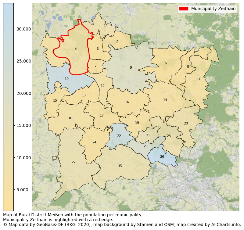 Map of Rural district Meißen with the population per municipality.Municipality Zeithain is highlighted with a red edge.. This page shows a lot of information about residents (such as the distribution by age groups, family composition, gender, native or German with an immigration background, ...), homes (numbers, types, price development, use, type of property, ...) and more (car ownership, energy consumption, ...) based on open data from the German Federal Agency for Cartography, the Federal Statistical Office (DESTATIS), the Regional Statistical Offices and various other sources!
