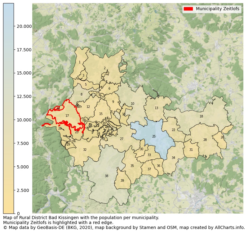Map of Rural district Bad Kissingen with the population per municipality.Municipality Zeitlofs is highlighted with a red edge.. This page shows a lot of information about residents (such as the distribution by age groups, family composition, gender, native or German with an immigration background, ...), homes (numbers, types, price development, use, type of property, ...) and more (car ownership, energy consumption, ...) based on open data from the German Federal Agency for Cartography, the Federal Statistical Office (DESTATIS), the Regional Statistical Offices and various other sources!