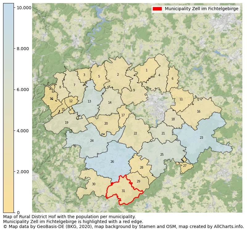 Map of Rural district Hof with the population per municipality.Municipality Zell im Fichtelgebirge is highlighted with a red edge.. This page shows a lot of information about residents (such as the distribution by age groups, family composition, gender, native or German with an immigration background, ...), homes (numbers, types, price development, use, type of property, ...) and more (car ownership, energy consumption, ...) based on open data from the German Federal Agency for Cartography, the Federal Statistical Office (DESTATIS), the Regional Statistical Offices and various other sources!