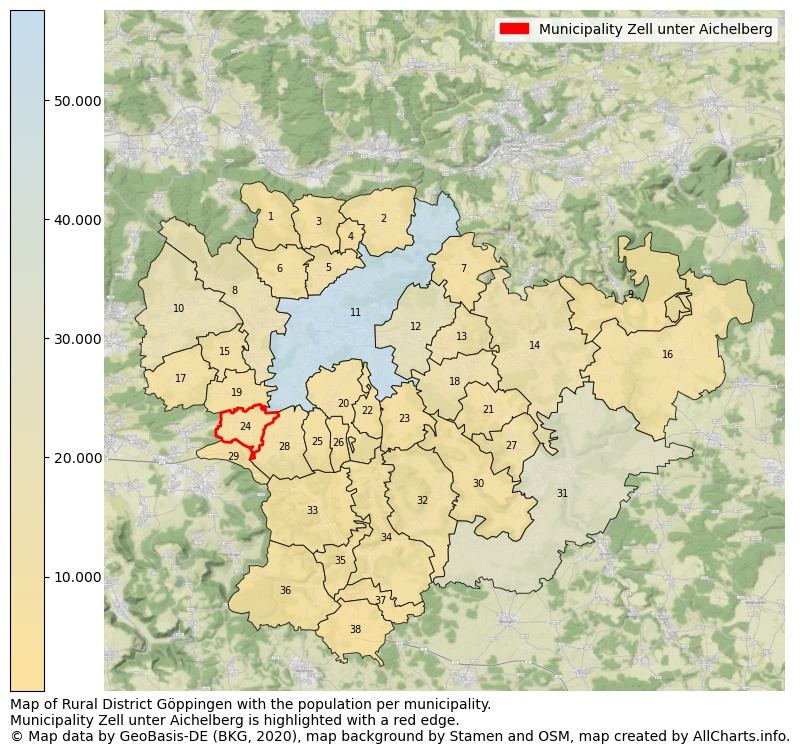 Map of Rural district Göppingen with the population per municipality.Municipality Zell unter Aichelberg is highlighted with a red edge.. This page shows a lot of information about residents (such as the distribution by age groups, family composition, gender, native or German with an immigration background, ...), homes (numbers, types, price development, use, type of property, ...) and more (car ownership, energy consumption, ...) based on open data from the German Federal Agency for Cartography, the Federal Statistical Office (DESTATIS), the Regional Statistical Offices and various other sources!