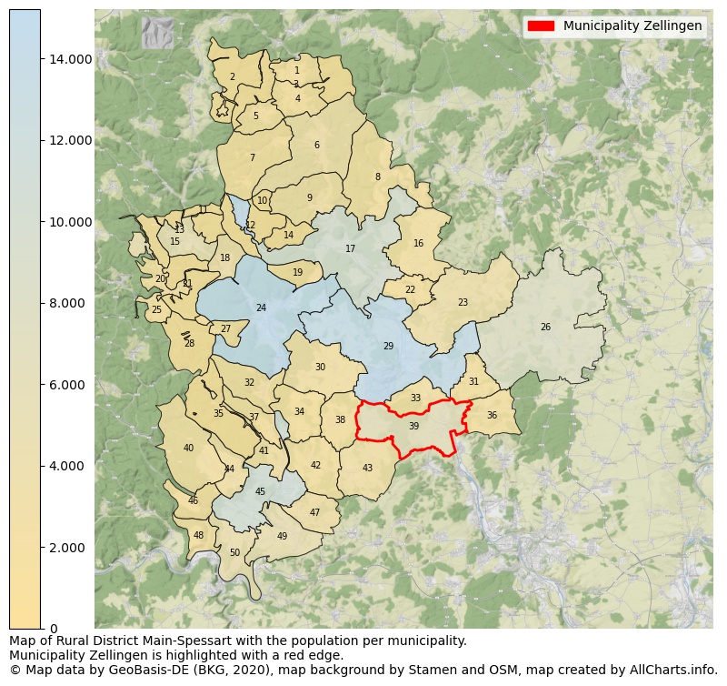 Map of Rural district Main-Spessart with the population per municipality.Municipality Zellingen is highlighted with a red edge.. This page shows a lot of information about residents (such as the distribution by age groups, family composition, gender, native or German with an immigration background, ...), homes (numbers, types, price development, use, type of property, ...) and more (car ownership, energy consumption, ...) based on open data from the German Federal Agency for Cartography, the Federal Statistical Office (DESTATIS), the Regional Statistical Offices and various other sources!