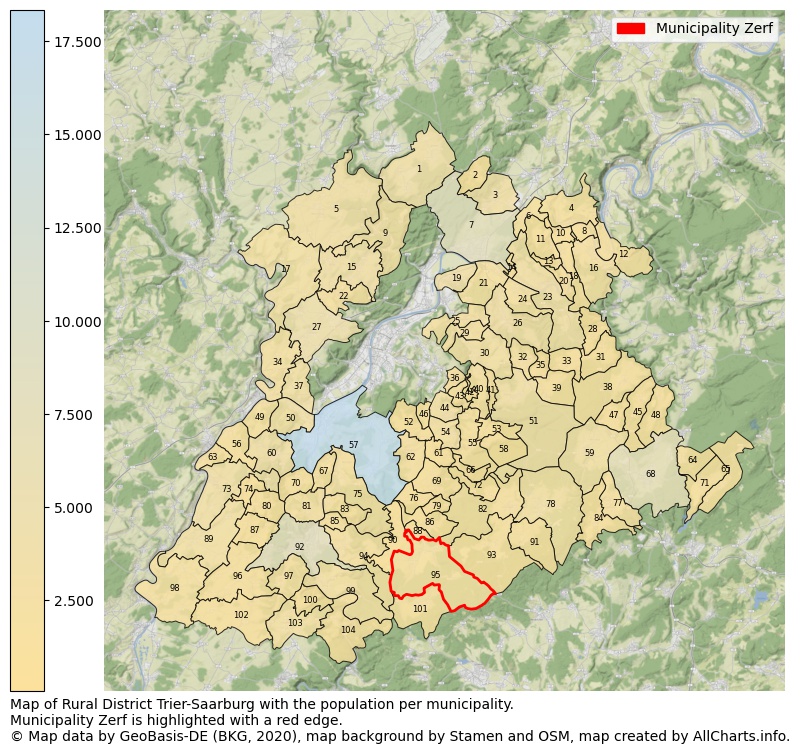 Map of Rural district Trier-Saarburg with the population per municipality.Municipality Zerf is highlighted with a red edge.. This page shows a lot of information about residents (such as the distribution by age groups, family composition, gender, native or German with an immigration background, ...), homes (numbers, types, price development, use, type of property, ...) and more (car ownership, energy consumption, ...) based on open data from the German Federal Agency for Cartography, the Federal Statistical Office (DESTATIS), the Regional Statistical Offices and various other sources!