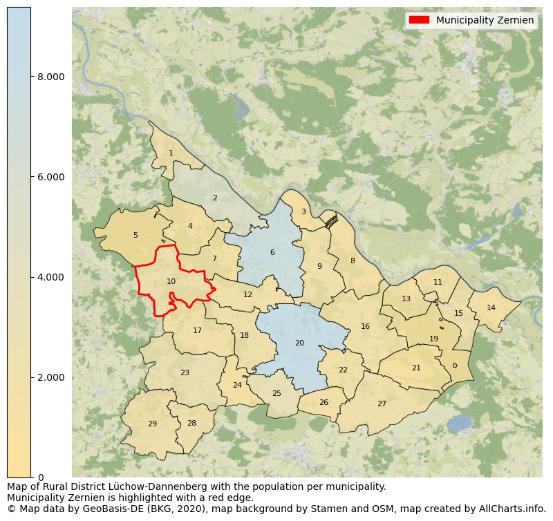 Map of Rural district Lüchow-Dannenberg with the population per municipality.Municipality Zernien is highlighted with a red edge.. This page shows a lot of information about residents (such as the distribution by age groups, family composition, gender, native or German with an immigration background, ...), homes (numbers, types, price development, use, type of property, ...) and more (car ownership, energy consumption, ...) based on open data from the German Federal Agency for Cartography, the Federal Statistical Office (DESTATIS), the Regional Statistical Offices and various other sources!