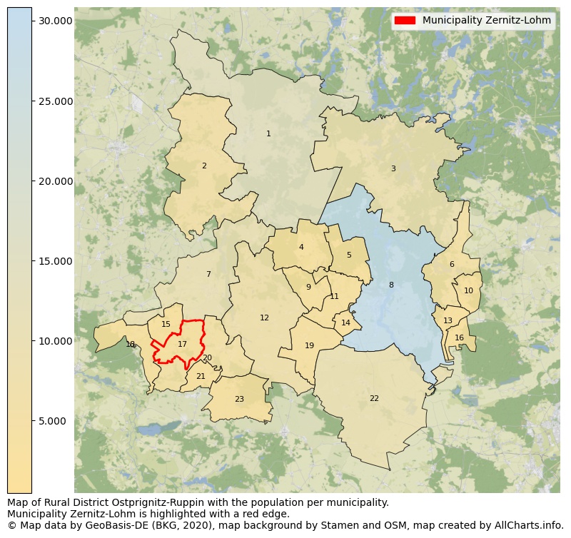 Map of Rural district Ostprignitz-Ruppin with the population per municipality.Municipality Zernitz-Lohm is highlighted with a red edge.. This page shows a lot of information about residents (such as the distribution by age groups, family composition, gender, native or German with an immigration background, ...), homes (numbers, types, price development, use, type of property, ...) and more (car ownership, energy consumption, ...) based on open data from the German Federal Agency for Cartography, the Federal Statistical Office (DESTATIS), the Regional Statistical Offices and various other sources!