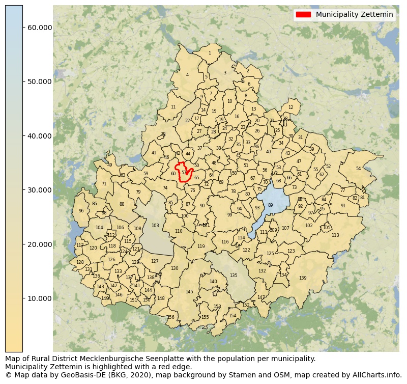 Map of Rural district Mecklenburgische Seenplatte with the population per municipality.Municipality Zettemin is highlighted with a red edge.. This page shows a lot of information about residents (such as the distribution by age groups, family composition, gender, native or German with an immigration background, ...), homes (numbers, types, price development, use, type of property, ...) and more (car ownership, energy consumption, ...) based on open data from the German Federal Agency for Cartography, the Federal Statistical Office (DESTATIS), the Regional Statistical Offices and various other sources!