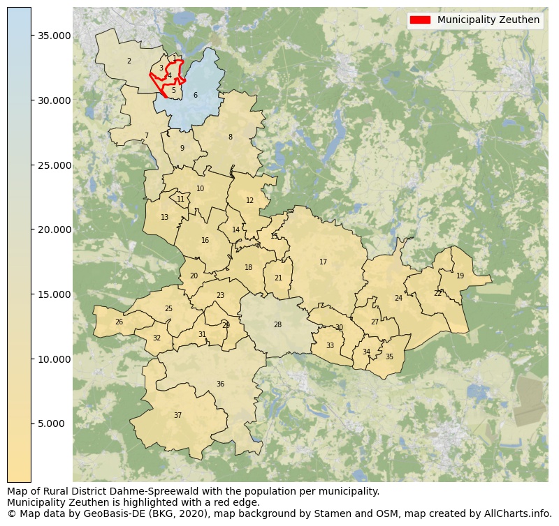 Map of Rural district Dahme-Spreewald with the population per municipality.Municipality Zeuthen is highlighted with a red edge.. This page shows a lot of information about residents (such as the distribution by age groups, family composition, gender, native or German with an immigration background, ...), homes (numbers, types, price development, use, type of property, ...) and more (car ownership, energy consumption, ...) based on open data from the German Federal Agency for Cartography, the Federal Statistical Office (DESTATIS), the Regional Statistical Offices and various other sources!