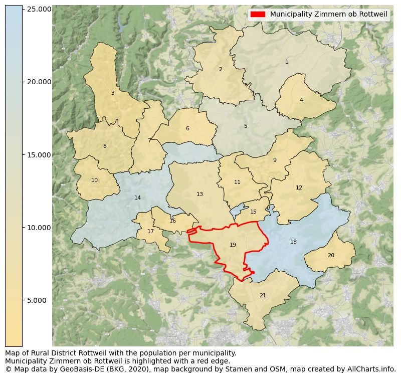 Map of Rural district Rottweil with the population per municipality.Municipality Zimmern ob Rottweil is highlighted with a red edge.. This page shows a lot of information about residents (such as the distribution by age groups, family composition, gender, native or German with an immigration background, ...), homes (numbers, types, price development, use, type of property, ...) and more (car ownership, energy consumption, ...) based on open data from the German Federal Agency for Cartography, the Federal Statistical Office (DESTATIS), the Regional Statistical Offices and various other sources!
