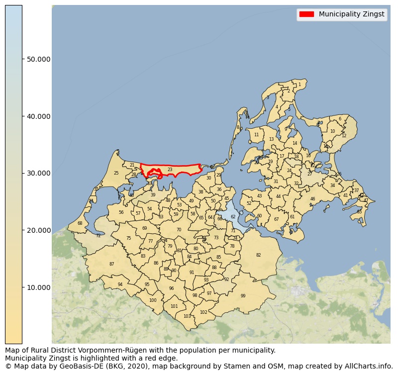 Map of Rural district Vorpommern-Rügen with the population per municipality.Municipality Zingst is highlighted with a red edge.. This page shows a lot of information about residents (such as the distribution by age groups, family composition, gender, native or German with an immigration background, ...), homes (numbers, types, price development, use, type of property, ...) and more (car ownership, energy consumption, ...) based on open data from the German Federal Agency for Cartography, the Federal Statistical Office (DESTATIS), the Regional Statistical Offices and various other sources!