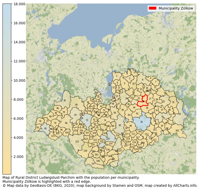 Map of Rural district Ludwigslust-Parchim with the population per municipality.Municipality Zölkow is highlighted with a red edge.. This page shows a lot of information about residents (such as the distribution by age groups, family composition, gender, native or German with an immigration background, ...), homes (numbers, types, price development, use, type of property, ...) and more (car ownership, energy consumption, ...) based on open data from the German Federal Agency for Cartography, the Federal Statistical Office (DESTATIS), the Regional Statistical Offices and various other sources!