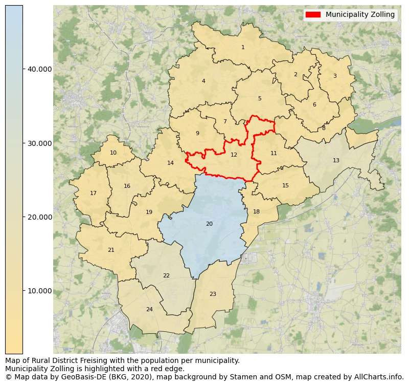 Map of Rural district Freising with the population per municipality.Municipality Zolling is highlighted with a red edge.. This page shows a lot of information about residents (such as the distribution by age groups, family composition, gender, native or German with an immigration background, ...), homes (numbers, types, price development, use, type of property, ...) and more (car ownership, energy consumption, ...) based on open data from the German Federal Agency for Cartography, the Federal Statistical Office (DESTATIS), the Regional Statistical Offices and various other sources!