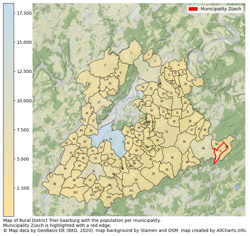 Map of Rural district Trier-Saarburg with the population per municipality.Municipality Züsch is highlighted with a red edge.. This page shows a lot of information about residents (such as the distribution by age groups, family composition, gender, native or German with an immigration background, ...), homes (numbers, types, price development, use, type of property, ...) and more (car ownership, energy consumption, ...) based on open data from the German Federal Agency for Cartography, the Federal Statistical Office (DESTATIS), the Regional Statistical Offices and various other sources!