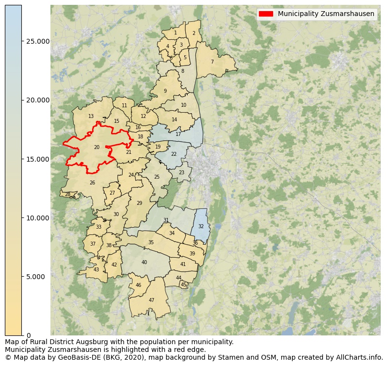Map of Rural district Augsburg with the population per municipality.Municipality Zusmarshausen is highlighted with a red edge.. This page shows a lot of information about residents (such as the distribution by age groups, family composition, gender, native or German with an immigration background, ...), homes (numbers, types, price development, use, type of property, ...) and more (car ownership, energy consumption, ...) based on open data from the German Federal Agency for Cartography, the Federal Statistical Office (DESTATIS), the Regional Statistical Offices and various other sources!