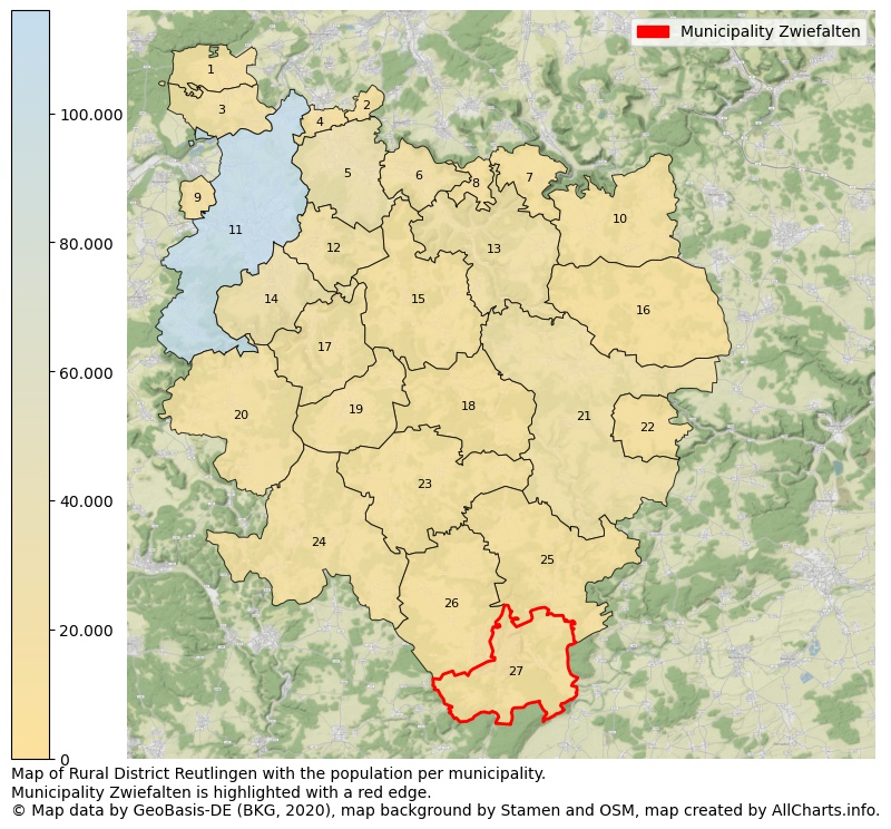 Map of Rural district Reutlingen with the population per municipality.Municipality Zwiefalten is highlighted with a red edge.. This page shows a lot of information about residents (such as the distribution by age groups, family composition, gender, native or German with an immigration background, ...), homes (numbers, types, price development, use, type of property, ...) and more (car ownership, energy consumption, ...) based on open data from the German Federal Agency for Cartography, the Federal Statistical Office (DESTATIS), the Regional Statistical Offices and various other sources!