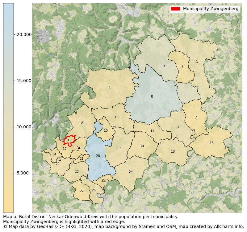 Map of Rural district Neckar-Odenwald-Kreis with the population per municipality.Municipality Zwingenberg is highlighted with a red edge.. This page shows a lot of information about residents (such as the distribution by age groups, family composition, gender, native or German with an immigration background, ...), homes (numbers, types, price development, use, type of property, ...) and more (car ownership, energy consumption, ...) based on open data from the German Federal Agency for Cartography, the Federal Statistical Office (DESTATIS), the Regional Statistical Offices and various other sources!