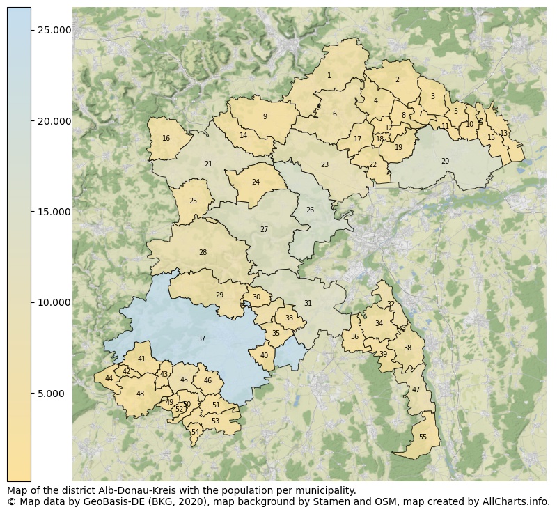 Map of the district Alb-Donau-Kreis with the population per municipality.. This page shows a lot of information about residents (such as the distribution by age groups, family composition, gender, native or German with an immigration background, ...), homes (numbers, types, price development, use, type of property, ...) and more (car ownership, energy consumption, ...) based on open data from the German Federal Agency for Cartography, the Federal Statistical Office (DESTATIS), the Regional Statistical Offices and various other sources!