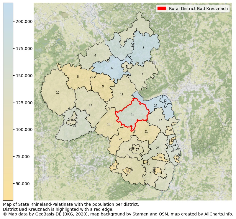 Map of State Rhineland-Palatinate with the population per district.District Bad Kreuznach is highlighted with a red edge.. This page shows a lot of information about residents (such as the distribution by age groups, family composition, gender, native or German with an immigration background, ...), homes (numbers, types, price development, use, type of property, ...) and more (car ownership, energy consumption, ...) based on open data from the German Federal Agency for Cartography, the Federal Statistical Office (DESTATIS), the Regional Statistical Offices and various other sources!