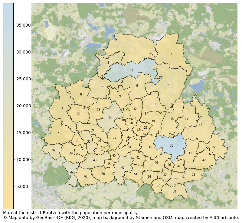 Map of the district Bautzen with the population per municipality.. This page shows a lot of information about residents (such as the distribution by age groups, family composition, gender, native or German with an immigration background, ...), homes (numbers, types, price development, use, type of property, ...) and more (car ownership, energy consumption, ...) based on open data from the German Federal Agency for Cartography, the Federal Statistical Office (DESTATIS), the Regional Statistical Offices and various other sources!