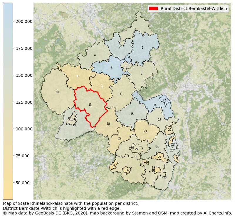 Map of State Rhineland-Palatinate with the population per district.District Bernkastel-Wittlich is highlighted with a red edge.. This page shows a lot of information about residents (such as the distribution by age groups, family composition, gender, native or German with an immigration background, ...), homes (numbers, types, price development, use, type of property, ...) and more (car ownership, energy consumption, ...) based on open data from the German Federal Agency for Cartography, the Federal Statistical Office (DESTATIS), the Regional Statistical Offices and various other sources!