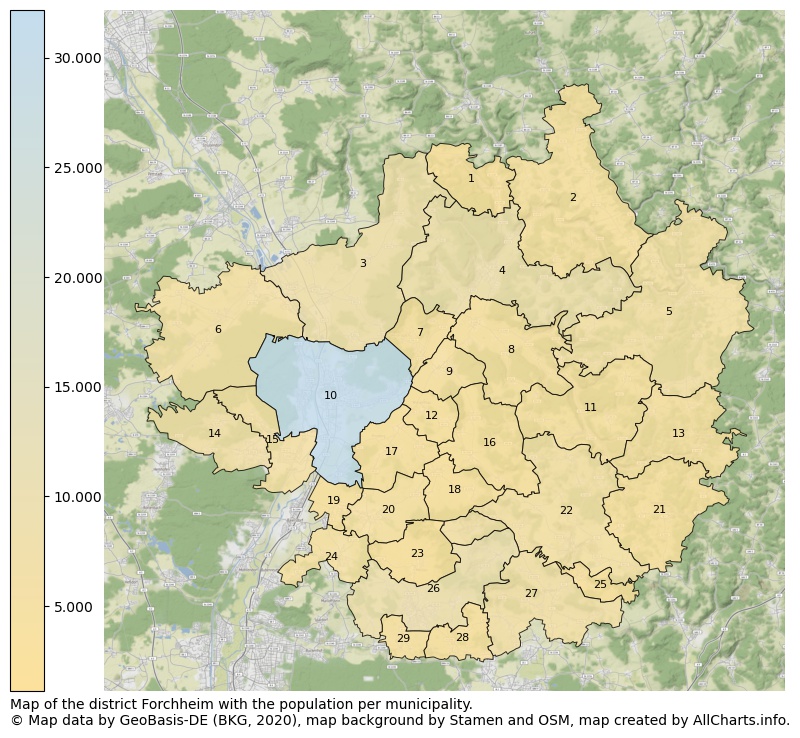Map of the district Forchheim with the population per municipality.. This page shows a lot of information about residents (such as the distribution by age groups, family composition, gender, native or German with an immigration background, ...), homes (numbers, types, price development, use, type of property, ...) and more (car ownership, energy consumption, ...) based on open data from the German Federal Agency for Cartography, the Federal Statistical Office (DESTATIS), the Regional Statistical Offices and various other sources!
