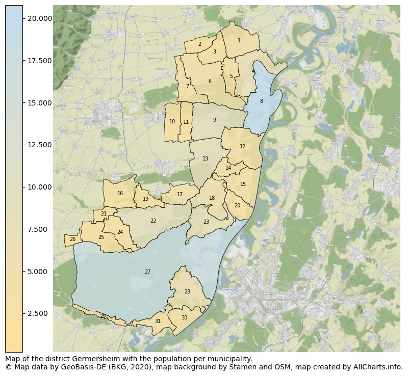 Map of the district Germersheim with the population per municipality.. This page shows a lot of information about residents (such as the distribution by age groups, family composition, gender, native or German with an immigration background, ...), homes (numbers, types, price development, use, type of property, ...) and more (car ownership, energy consumption, ...) based on open data from the German Federal Agency for Cartography, the Federal Statistical Office (DESTATIS), the Regional Statistical Offices and various other sources!