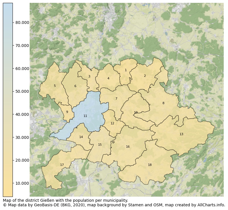 Map of the district Gießen with the population per municipality.. This page shows a lot of information about residents (such as the distribution by age groups, family composition, gender, native or German with an immigration background, ...), homes (numbers, types, price development, use, type of property, ...) and more (car ownership, energy consumption, ...) based on open data from the German Federal Agency for Cartography, the Federal Statistical Office (DESTATIS), the Regional Statistical Offices and various other sources!