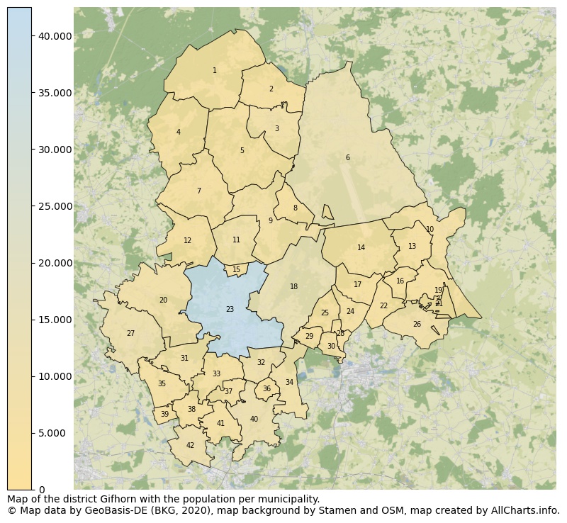 Map of the district Gifhorn with the population per municipality.. This page shows a lot of information about residents (such as the distribution by age groups, family composition, gender, native or German with an immigration background, ...), homes (numbers, types, price development, use, type of property, ...) and more (car ownership, energy consumption, ...) based on open data from the German Federal Agency for Cartography, the Federal Statistical Office (DESTATIS), the Regional Statistical Offices and various other sources!