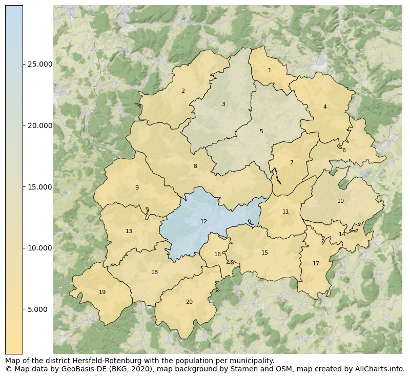 Map of the district Hersfeld-Rotenburg with the population per municipality.. This page shows a lot of information about residents (such as the distribution by age groups, family composition, gender, native or German with an immigration background, ...), homes (numbers, types, price development, use, type of property, ...) and more (car ownership, energy consumption, ...) based on open data from the German Federal Agency for Cartography, the Federal Statistical Office (DESTATIS), the Regional Statistical Offices and various other sources!