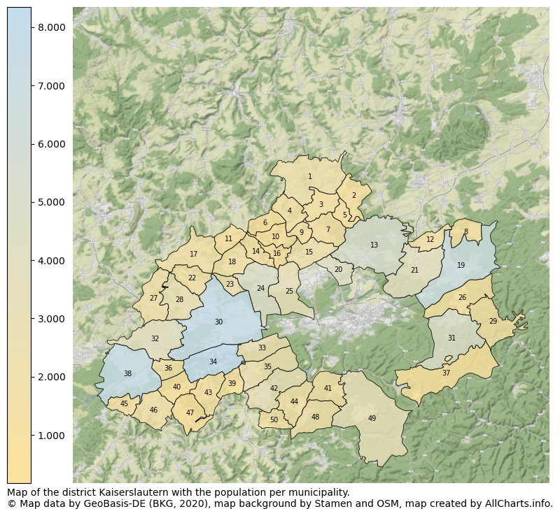 Map of the district Kaiserslautern with the population per municipality.. This page shows a lot of information about residents (such as the distribution by age groups, family composition, gender, native or German with an immigration background, ...), homes (numbers, types, price development, use, type of property, ...) and more (car ownership, energy consumption, ...) based on open data from the German Federal Agency for Cartography, the Federal Statistical Office (DESTATIS), the Regional Statistical Offices and various other sources!