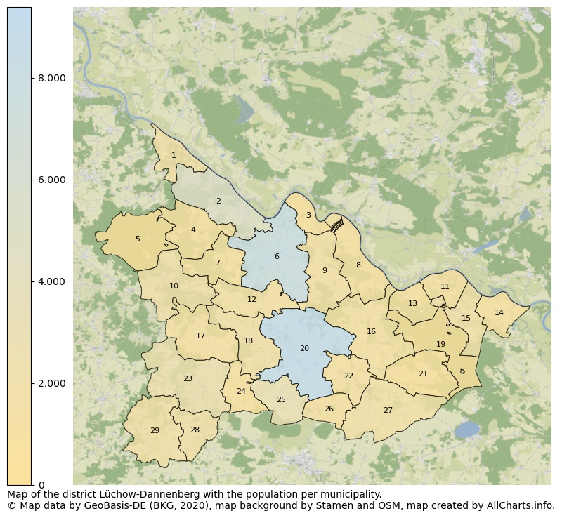 Map of the district Lüchow-Dannenberg with the population per municipality.. This page shows a lot of information about residents (such as the distribution by age groups, family composition, gender, native or German with an immigration background, ...), homes (numbers, types, price development, use, type of property, ...) and more (car ownership, energy consumption, ...) based on open data from the German Federal Agency for Cartography, the Federal Statistical Office (DESTATIS), the Regional Statistical Offices and various other sources!