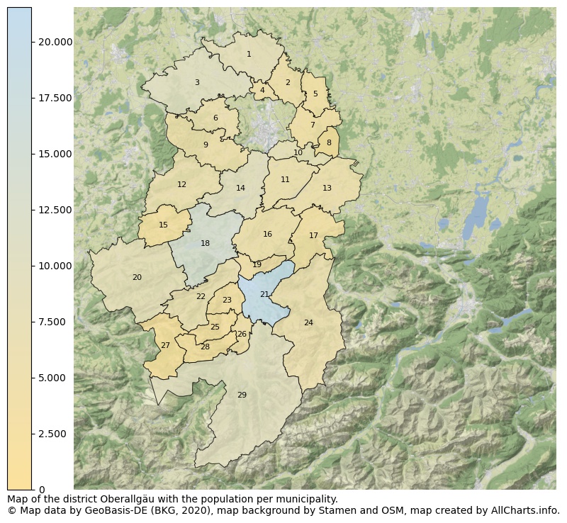 Map of the district Oberallgäu with the population per municipality.. This page shows a lot of information about residents (such as the distribution by age groups, family composition, gender, native or German with an immigration background, ...), homes (numbers, types, price development, use, type of property, ...) and more (car ownership, energy consumption, ...) based on open data from the German Federal Agency for Cartography, the Federal Statistical Office (DESTATIS), the Regional Statistical Offices and various other sources!