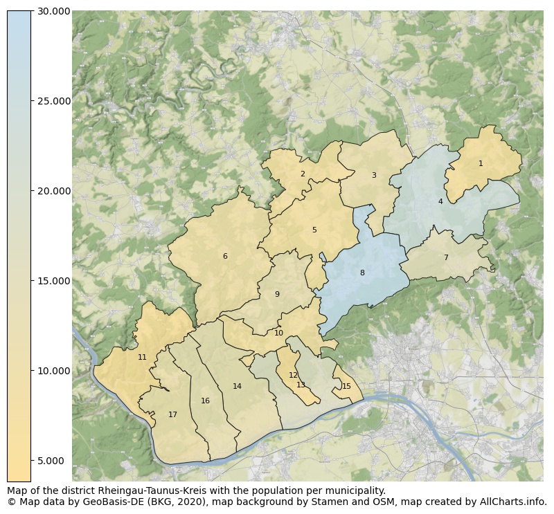 Map of the district Rheingau-Taunus-Kreis with the population per municipality.. This page shows a lot of information about residents (such as the distribution by age groups, family composition, gender, native or German with an immigration background, ...), homes (numbers, types, price development, use, type of property, ...) and more (car ownership, energy consumption, ...) based on open data from the German Federal Agency for Cartography, the Federal Statistical Office (DESTATIS), the Regional Statistical Offices and various other sources!