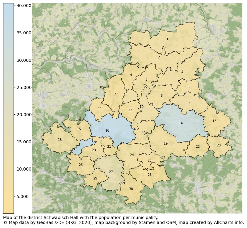 Map of the district Schwäbisch Hall with the population per municipality.. This page shows a lot of information about residents (such as the distribution by age groups, family composition, gender, native or German with an immigration background, ...), homes (numbers, types, price development, use, type of property, ...) and more (car ownership, energy consumption, ...) based on open data from the German Federal Agency for Cartography, the Federal Statistical Office (DESTATIS), the Regional Statistical Offices and various other sources!
