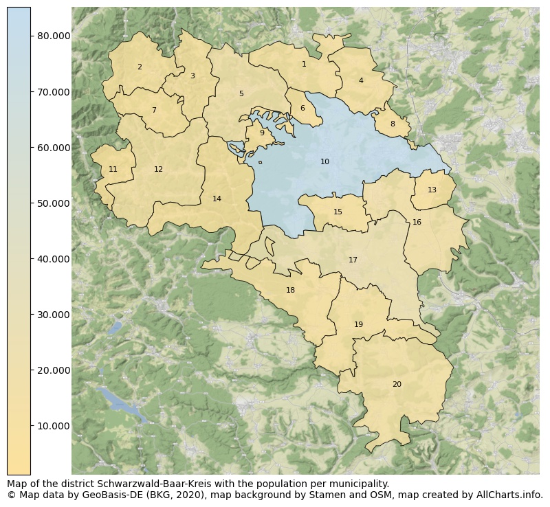 Map of the district Schwarzwald-Baar-Kreis with the population per municipality.. This page shows a lot of information about residents (such as the distribution by age groups, family composition, gender, native or German with an immigration background, ...), homes (numbers, types, price development, use, type of property, ...) and more (car ownership, energy consumption, ...) based on open data from the German Federal Agency for Cartography, the Federal Statistical Office (DESTATIS), the Regional Statistical Offices and various other sources!